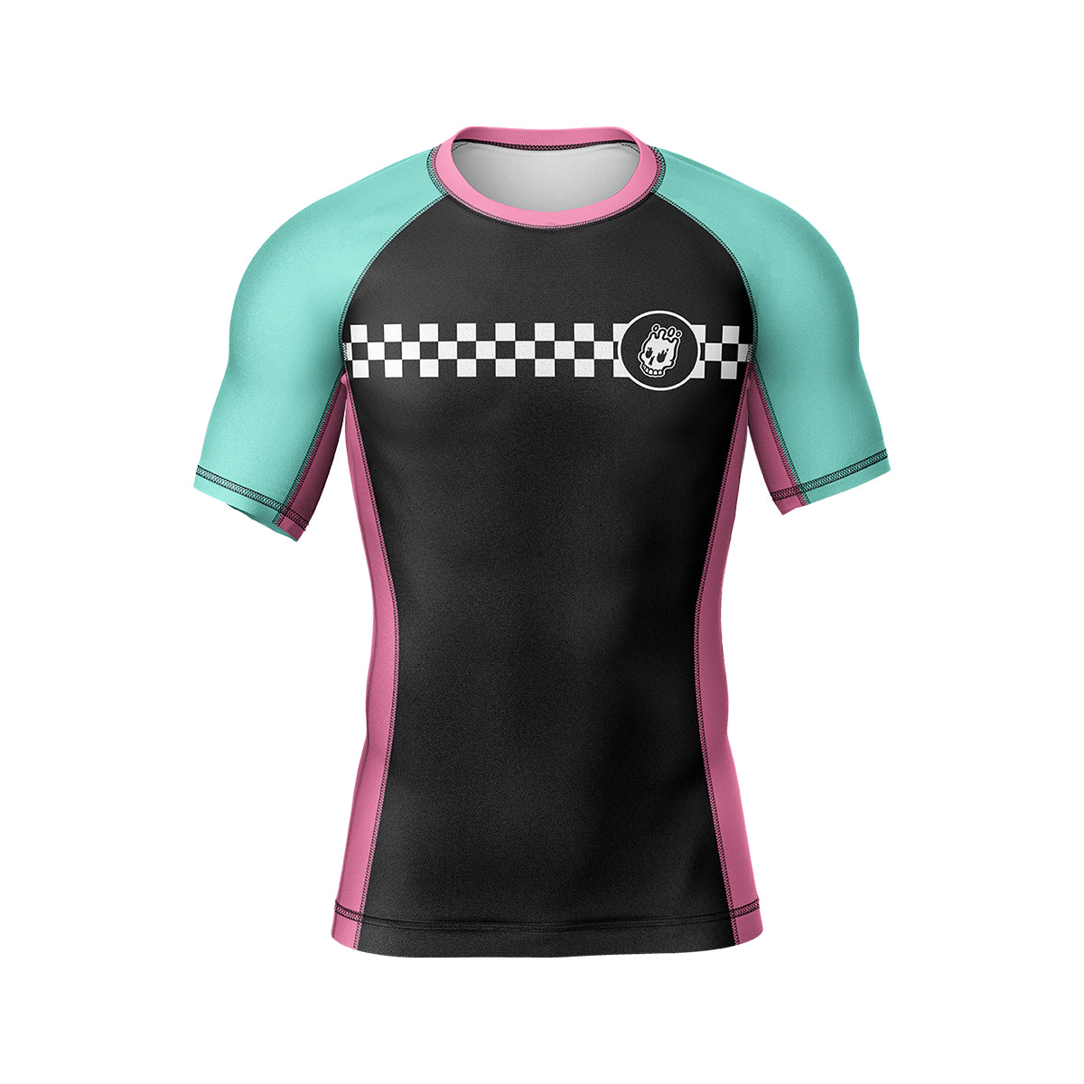Short-sleeve rash guard with a black front panel, teal mint sleeves, and pink side panels. A horizontal white checker stripe runs across the chest, with a small Rubber Bones skull icon on the left side.