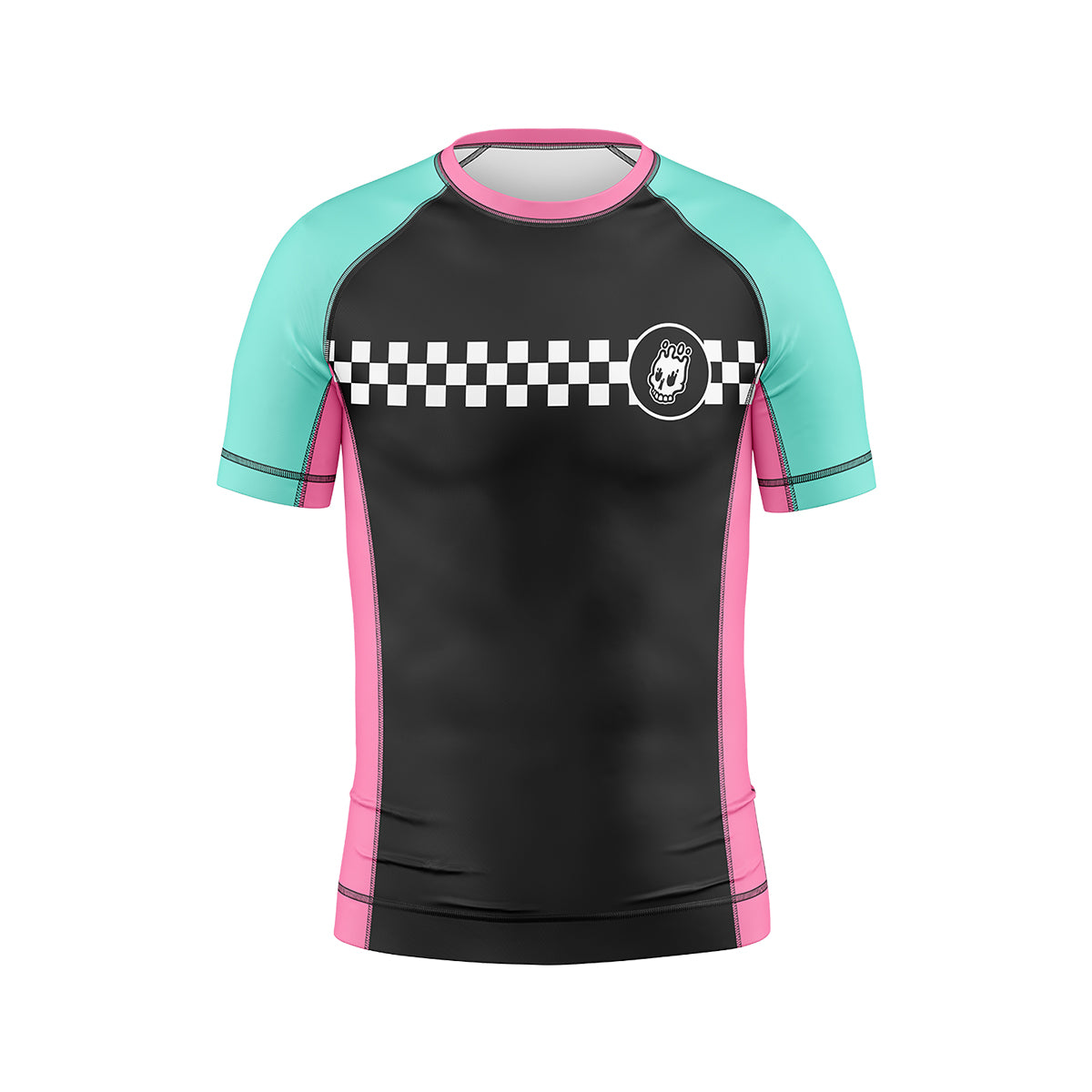 Youth-sized short-sleeve rash guard with a black front panel, teal sleeves, and pink side panels. A white checkerboard stripe spans the chest with a Rubber Bones skull logo on the left side.