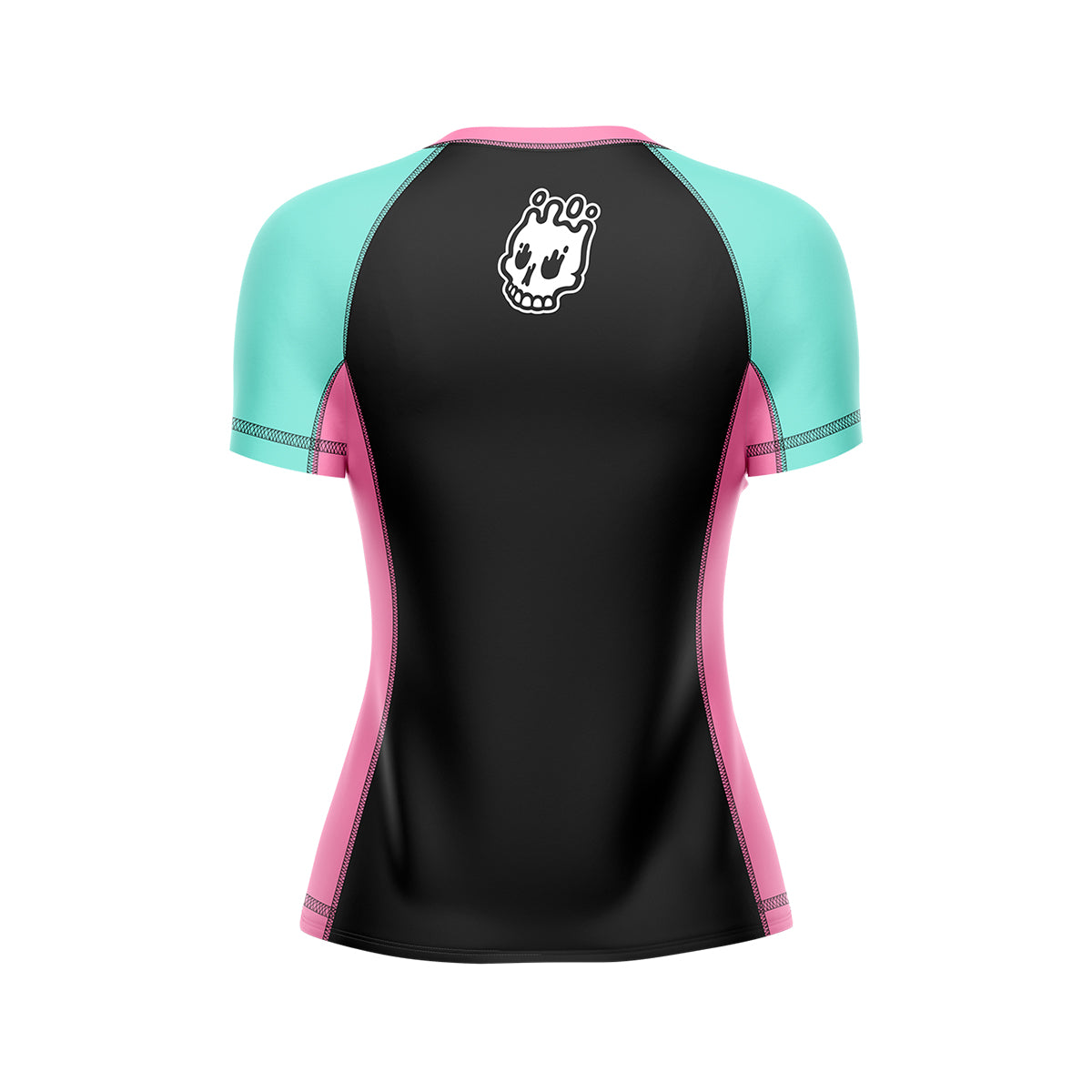 Women’s cut short-sleeve rash guard with a black back panel, teal sleeves, and pink side panels. A small white skull logo is centered on the upper back.