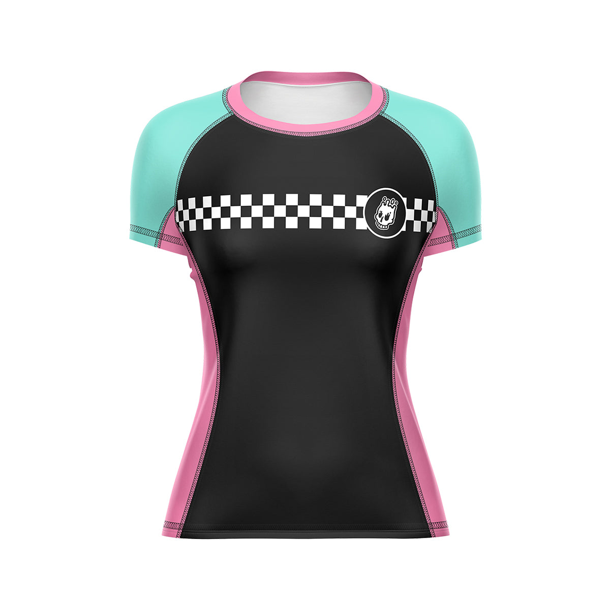 Women’s cut short-sleeve rash guard with a black front panel, teal sleeves, and pink side panels. A white checker stripe crosses the chest, with a small skull logo on the left.