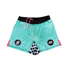 Flat lay of mint green BJJ shorts with a black waistband, pink drawstrings, and pink side accents. The shorts feature skull and Rubber Bones patches, with black and white checker pattern in the inner leg gusset.