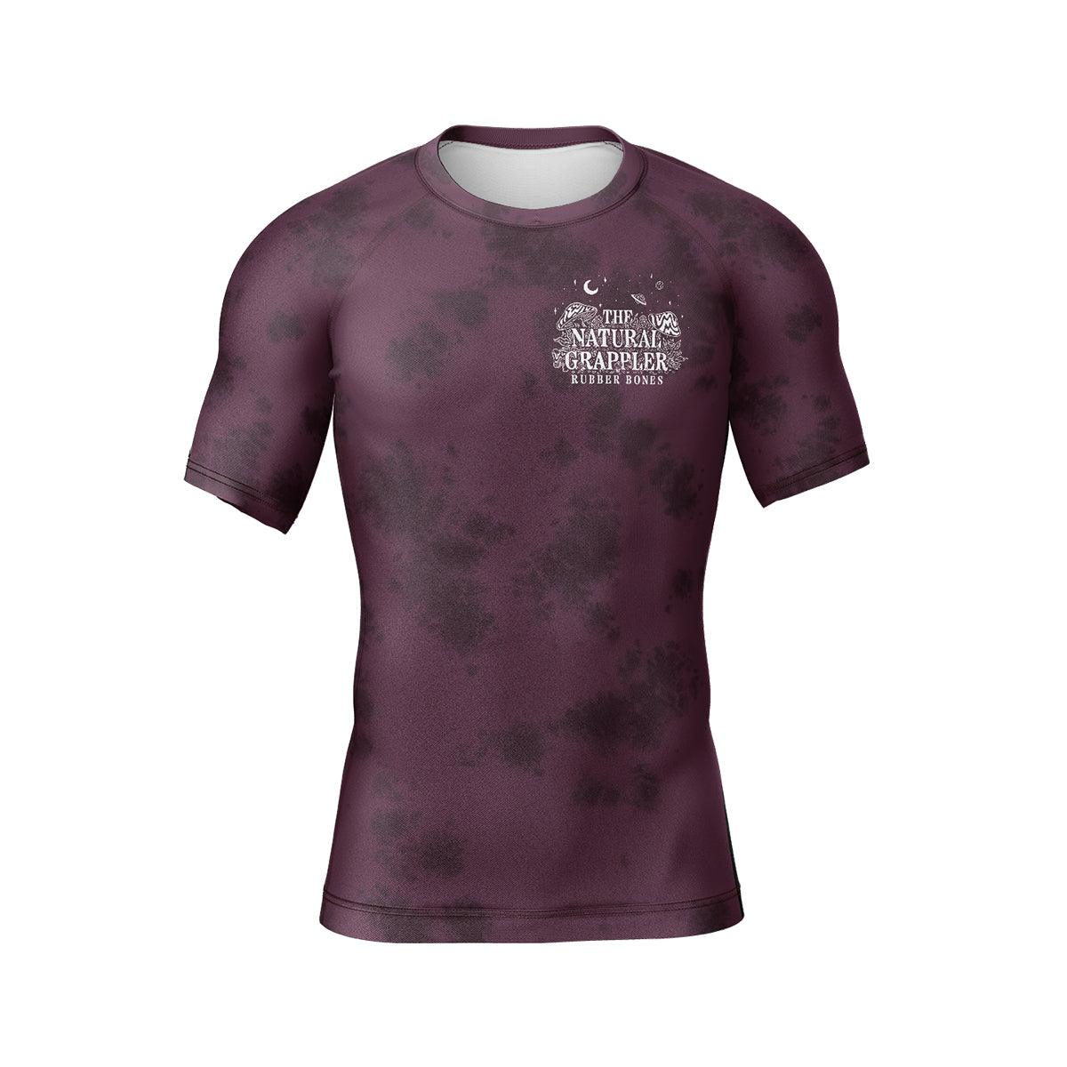 Maroon short-sleeve BJJ rash guard with a subtle black tie-dye pattern. A small white chest logo displays 'The Natural Grappler' and 'Rubber Bones' in a hand-drawn, artistic style.