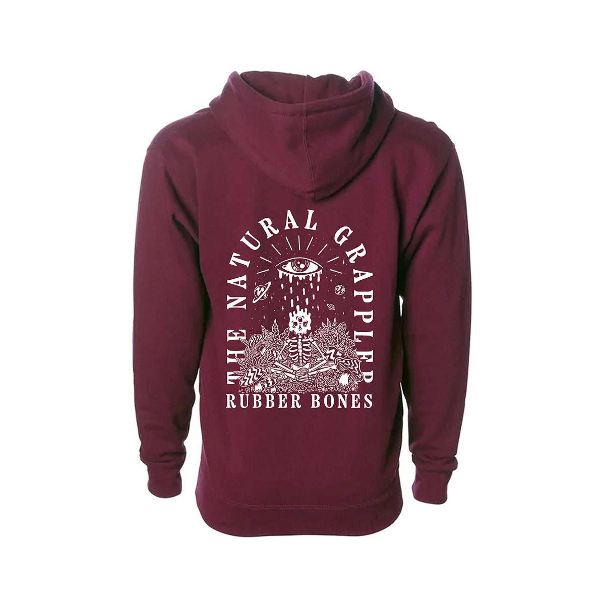 A burgundy zip-up hoodie featuring a large back print with the words 'The Natural Grappler' and 'Rubber Bones' surrounding an intricate illustration of a skeleton meditating under an all-seeing eye, with planets and cosmic elements in the background.