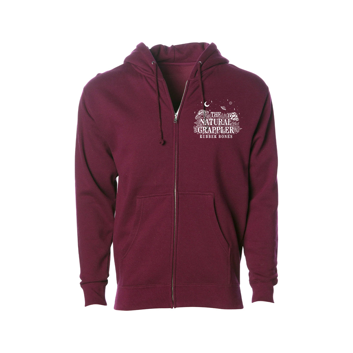 A burgundy zip-up hoodie with a small chest print that reads 'The Natural Grappler' and 'Rubber Bones' alongside an intricate, mystical illustration.