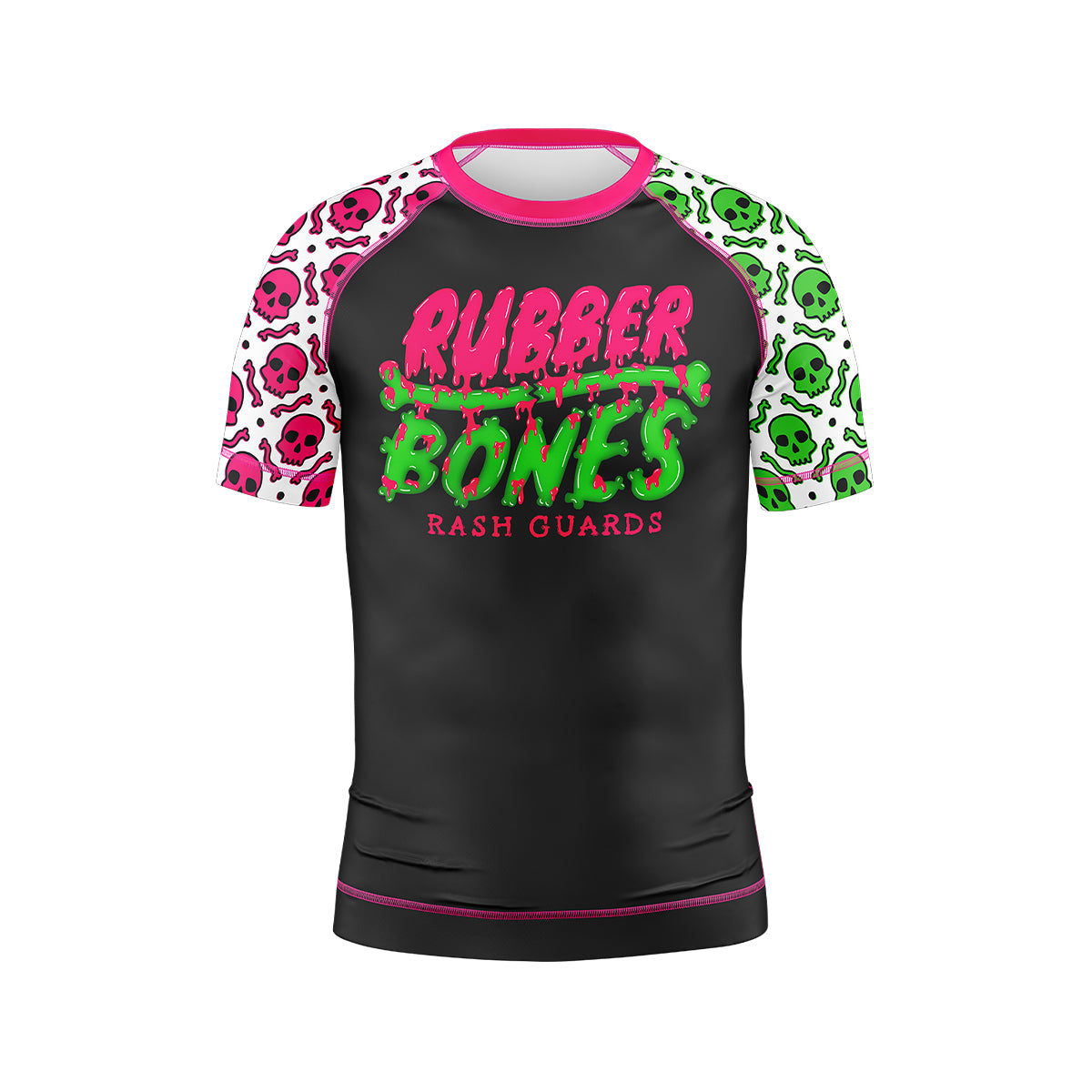 Kids' BJJ rash guard featuring a bold 'Rubber Bones Rash Guards' logo with dripping pink and green lettering on a black body. The short sleeves have an eye-catching mismatched design—one with a red skull-and-chain pattern on white, the other with a green skull-and-chain pattern on white. Finished with pink stitching and trim, this rash guard is perfect for young grapplers who want to stand out on the mats.