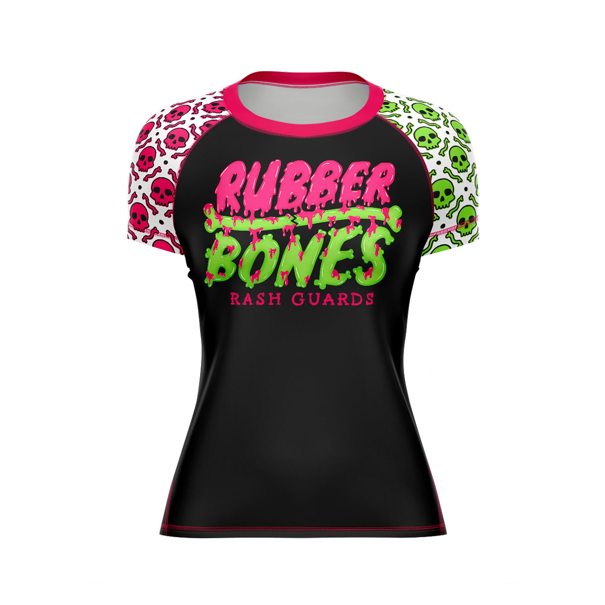 Black women’s short-sleeve BJJ rash guard with 'Rubber Bones Rash Guards' in neon pink and green dripping font on the chest. The sleeves feature bold green and pink skull patterns, complemented by pink collar trim.