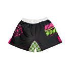 Black BJJ shorts with neon pink and green 'Rubber Bones Rash Guards' branding on the leg. Features a pink dripping skull design, green skull-patterned side panels, and a white elastic waistband for a secure fit.