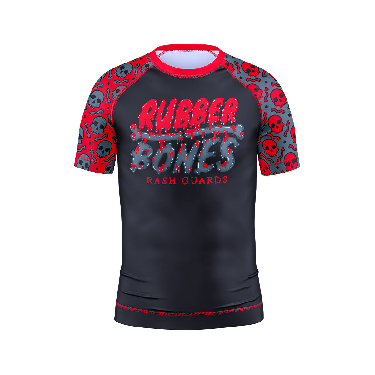 Kids' BJJ rash guard featuring a bold 'Rubber Bones Rash Guards' logo in a dripping red and gray design across the chest. The black body contrasts with vibrant red sleeves decorated with an all-over skull and chain pattern. Finished with red stitching and trim, this rash guard blends durability, comfort, and an edgy aesthetic for young grapplers.