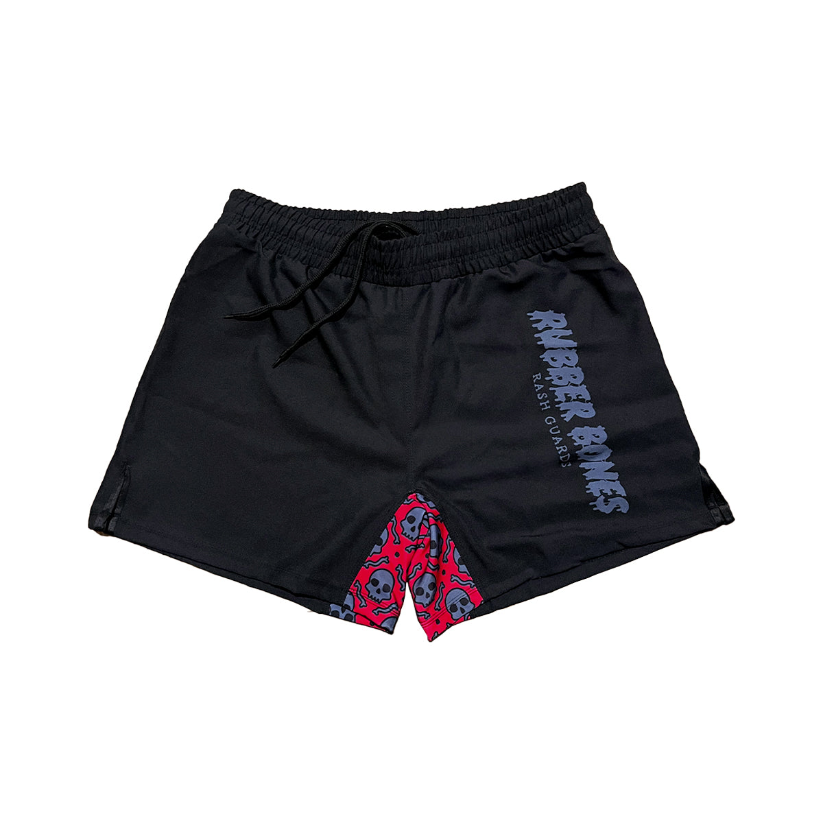 Laydown of OG 2.0 No-Velcro Grappling Shorts featuring sleek black and red design for Brazilian Jiu Jitsu.