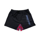 Laydown of OG 2.0 No-Velcro Grappling Shorts featuring sleek black and red design for Brazilian Jiu Jitsu.