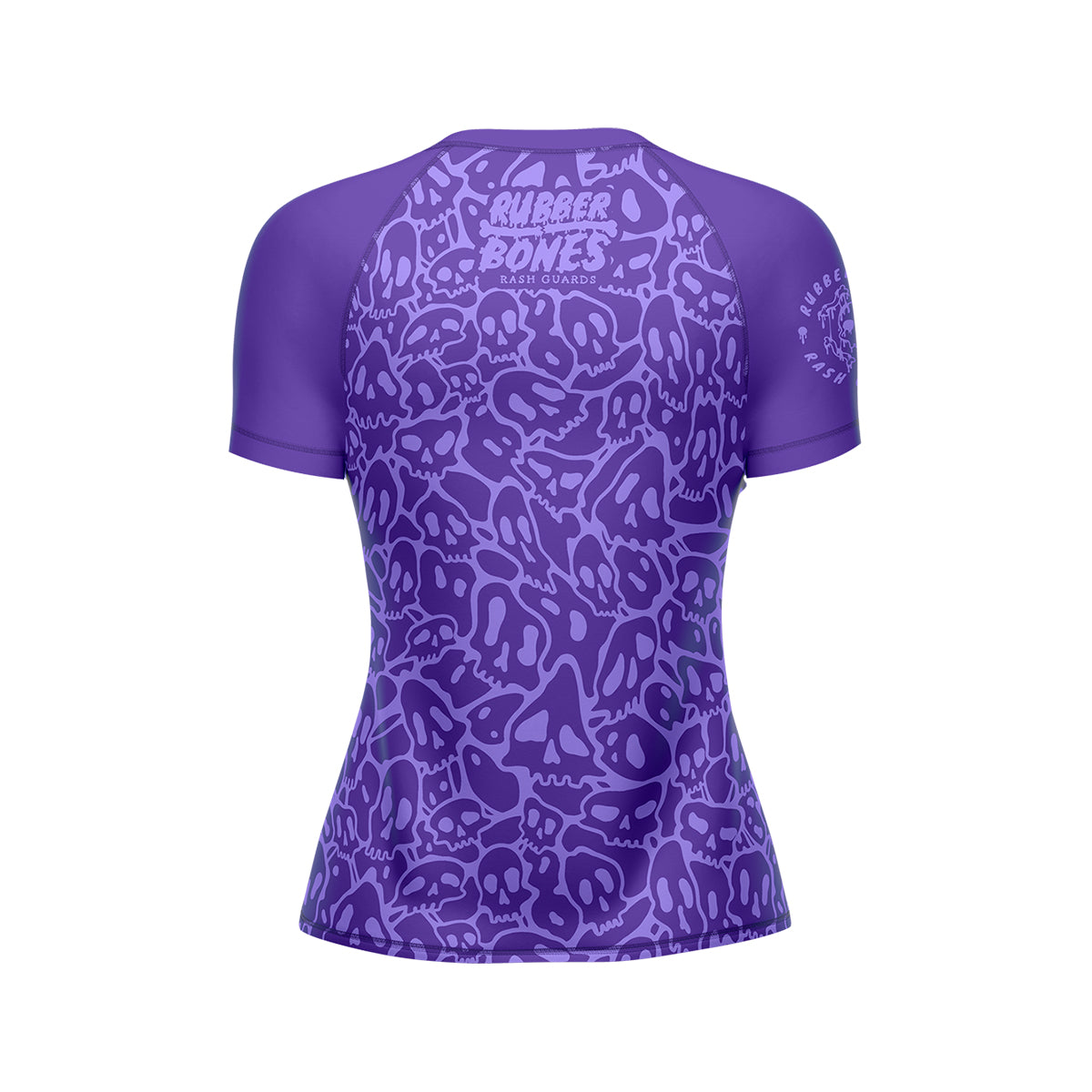 Mock-up of Women's Purple Ranked Rash Guard showcasing the back design with bold skull web pattern and IBJJF approval.