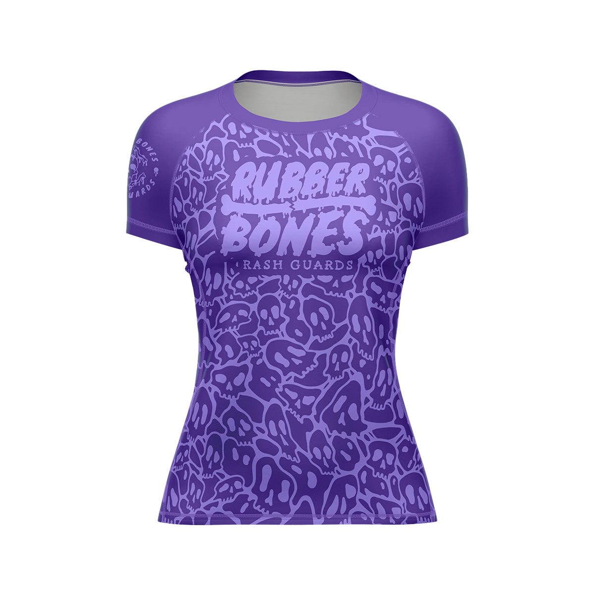 Mock-up of Women's Purple Ranked Rash Guard featuring sleek purple design with skull web pattern and IBJJF-approved style.