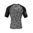 Mock-up of Ranked Rash Guard - Black showcasing bold skull web pattern, back view.