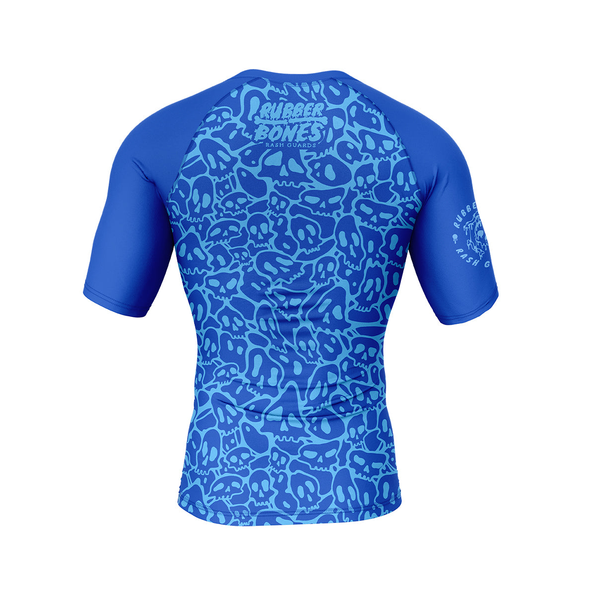 Mock-up of Ranked Rash Guard - Blue showcasing bold monochromatic artwork, back view.