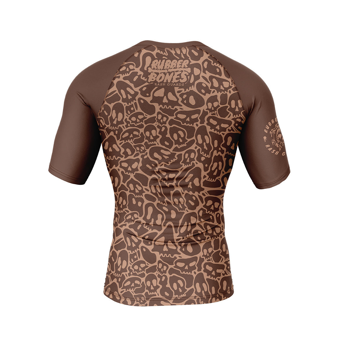 Mock-up of Ranked Rash Guard - Brown showcasing bold monochromatic skull web design, back view.