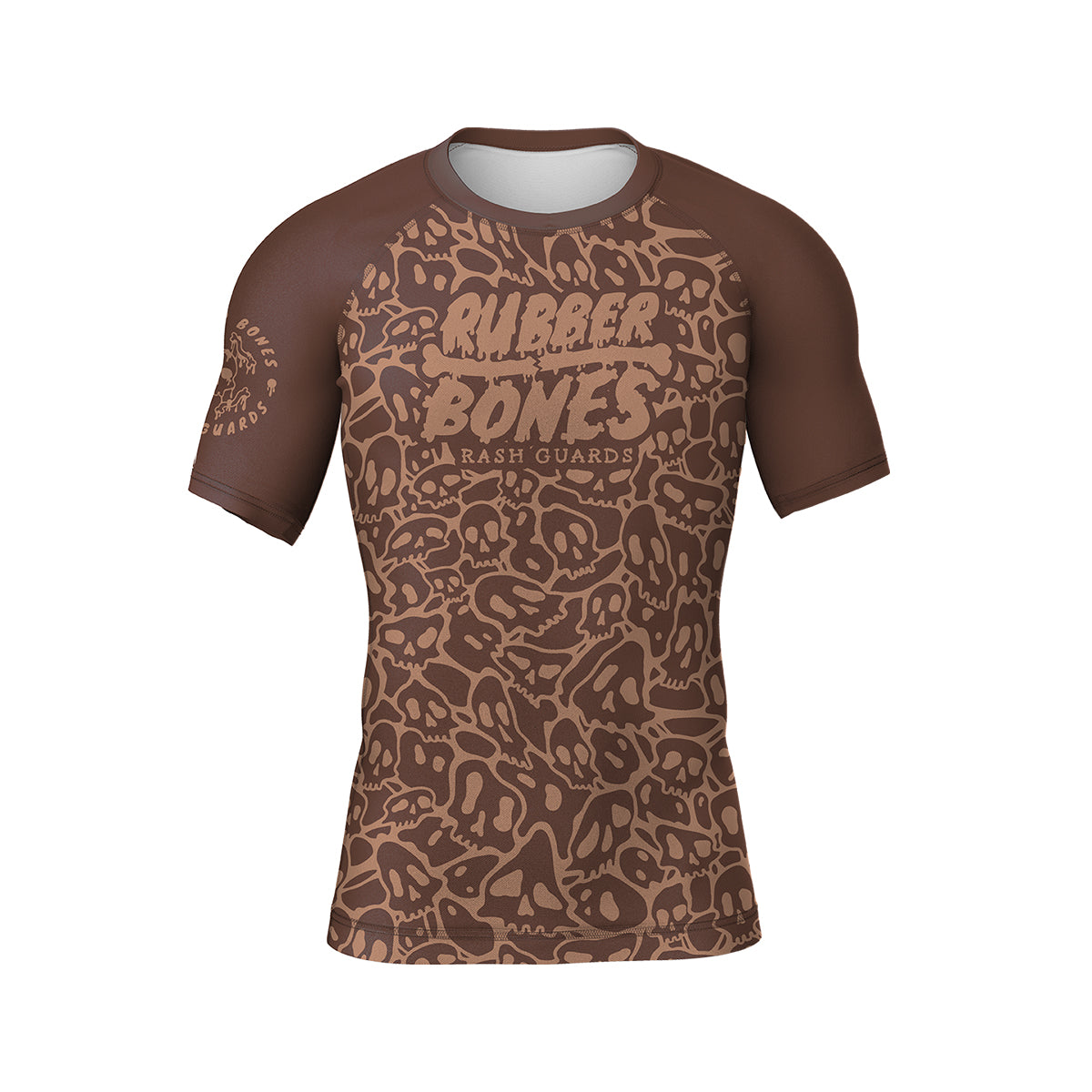 Mock-up of Ranked Rash Guard - Brown featuring monochromatic skull web pattern, front view.