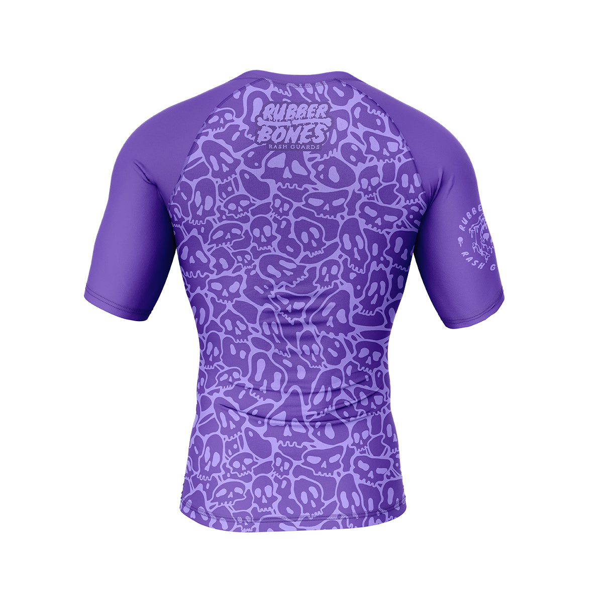 Mock-up of Ranked Rash Guard - Purple showcasing bold monochromatic skull web design, back view.