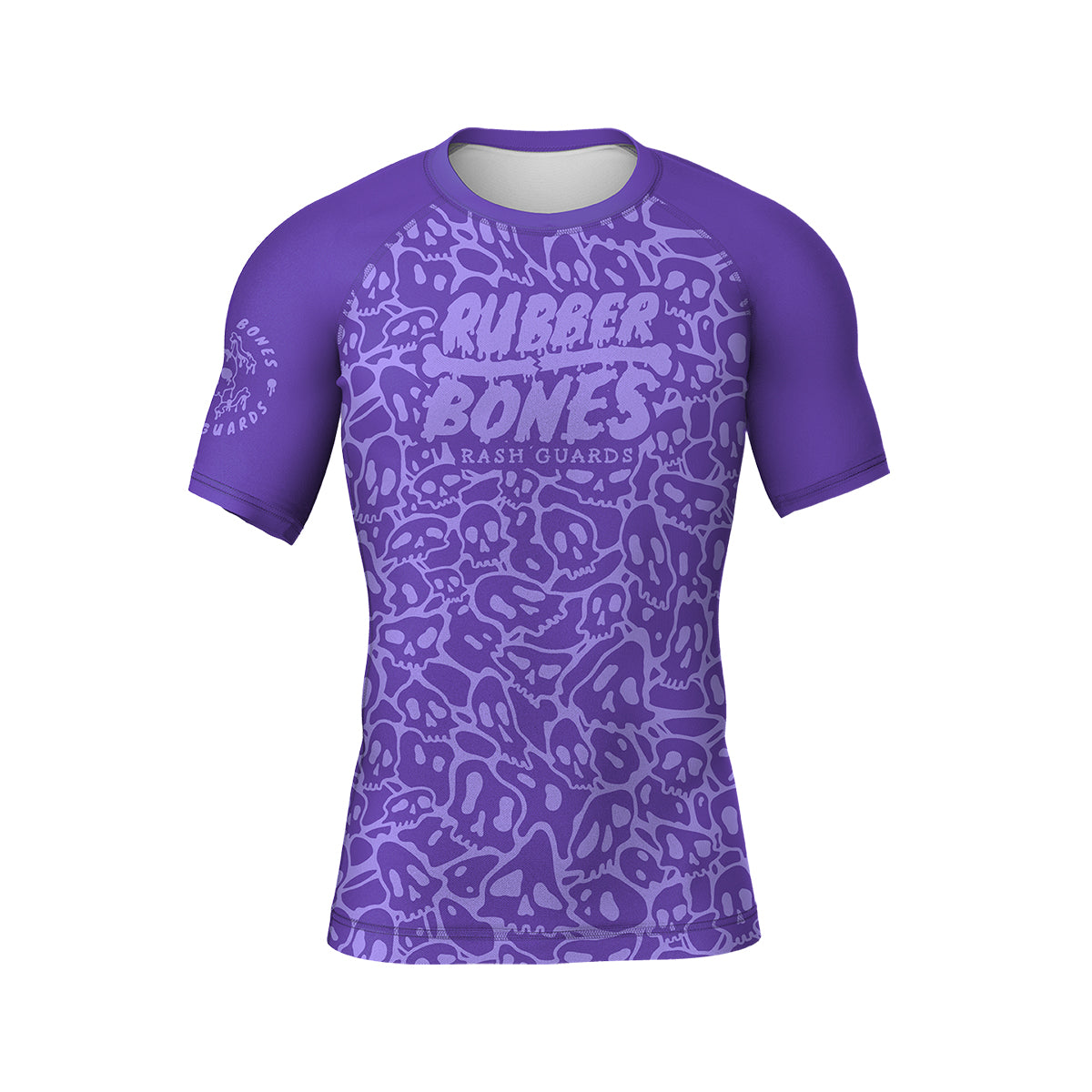 Mock-up of Ranked Rash Guard - Purple featuring monochromatic skull web pattern, front view.