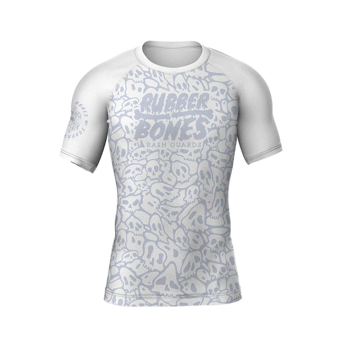 Mock-up of Ranked Rash Guard - White featuring monochromatic skull web pattern, front view.