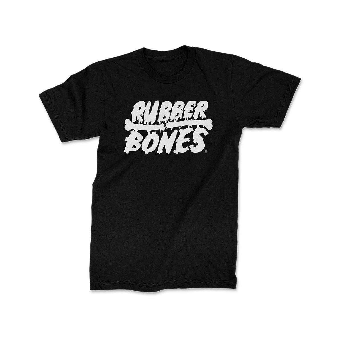 Flat lay of Rubber Bones Black T-Shirt with bold white logo screen print.