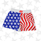 Mock-up of Kids BJJ Independence Grappling Shorts featuring bold red, white, and blue patriotic design, front view.