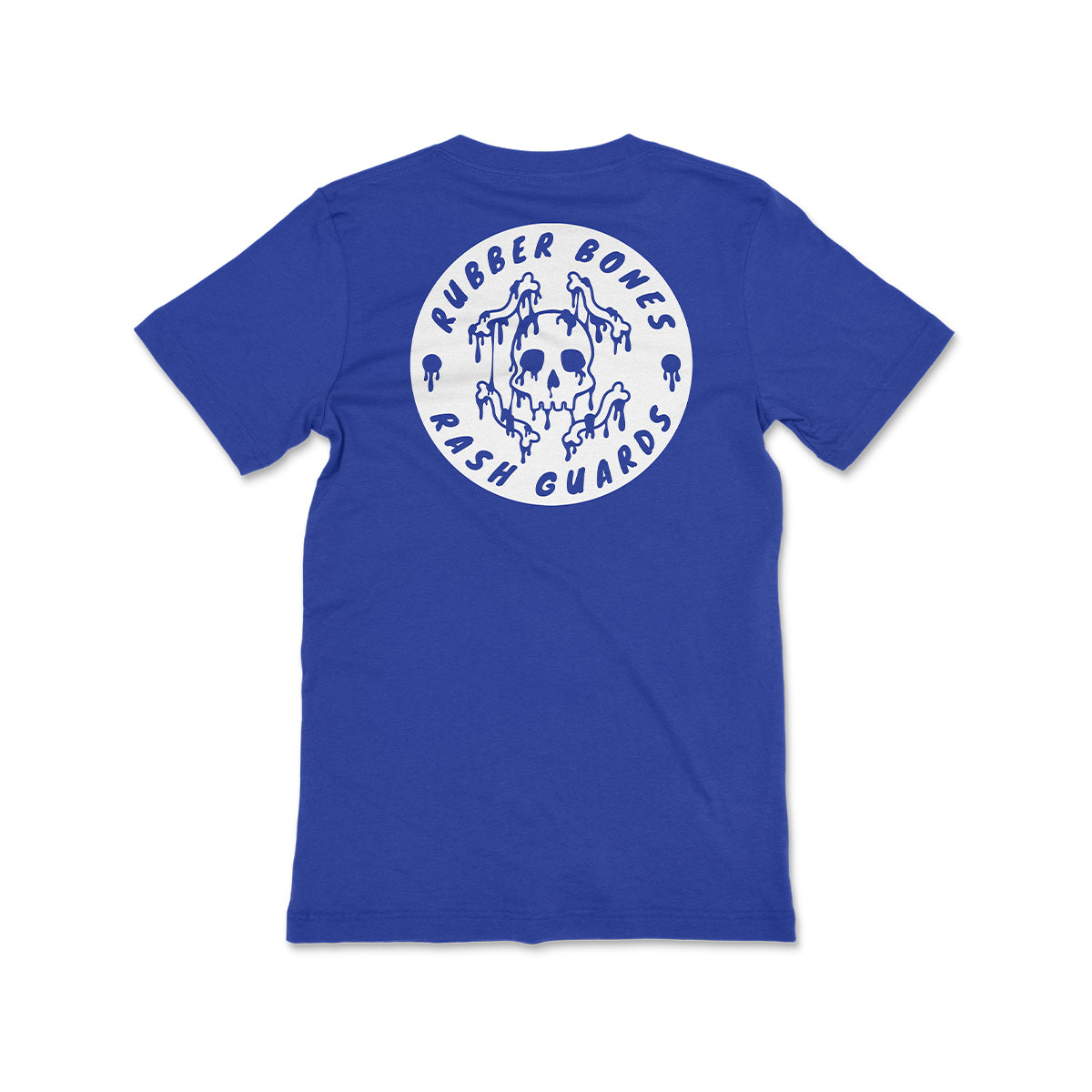 A royal blue t-shirt featuring a large white circular logo on the upper back. The logo contains a dripping skull design with the text "Rubber Bones Rash Guards" encircling it.