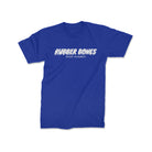 A royal blue t-shirt with a simple white "Rubber Bones Rash Guards" logo across the chest in a bold, dripping font