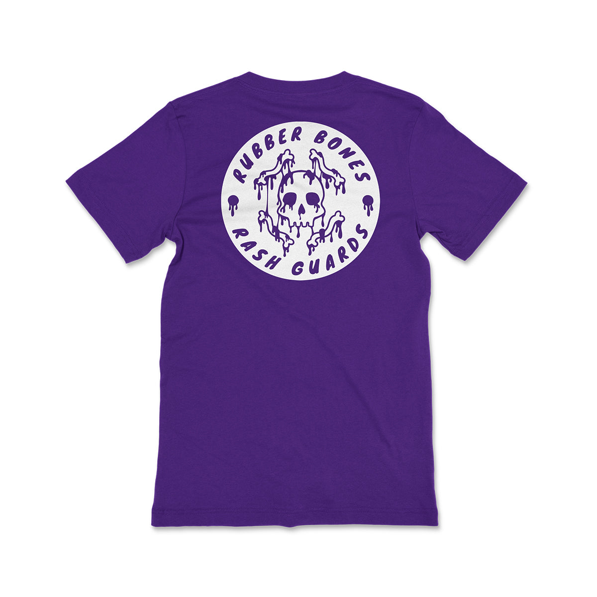 Purple T-shirt with a large, circular Rubber Bones design on the back. The graphic features a melting skull surrounded by dripping details, with 'Rubber Bones Rash Guards' written around the edge. A bold and edgy statement piece for grapplers who stand out.