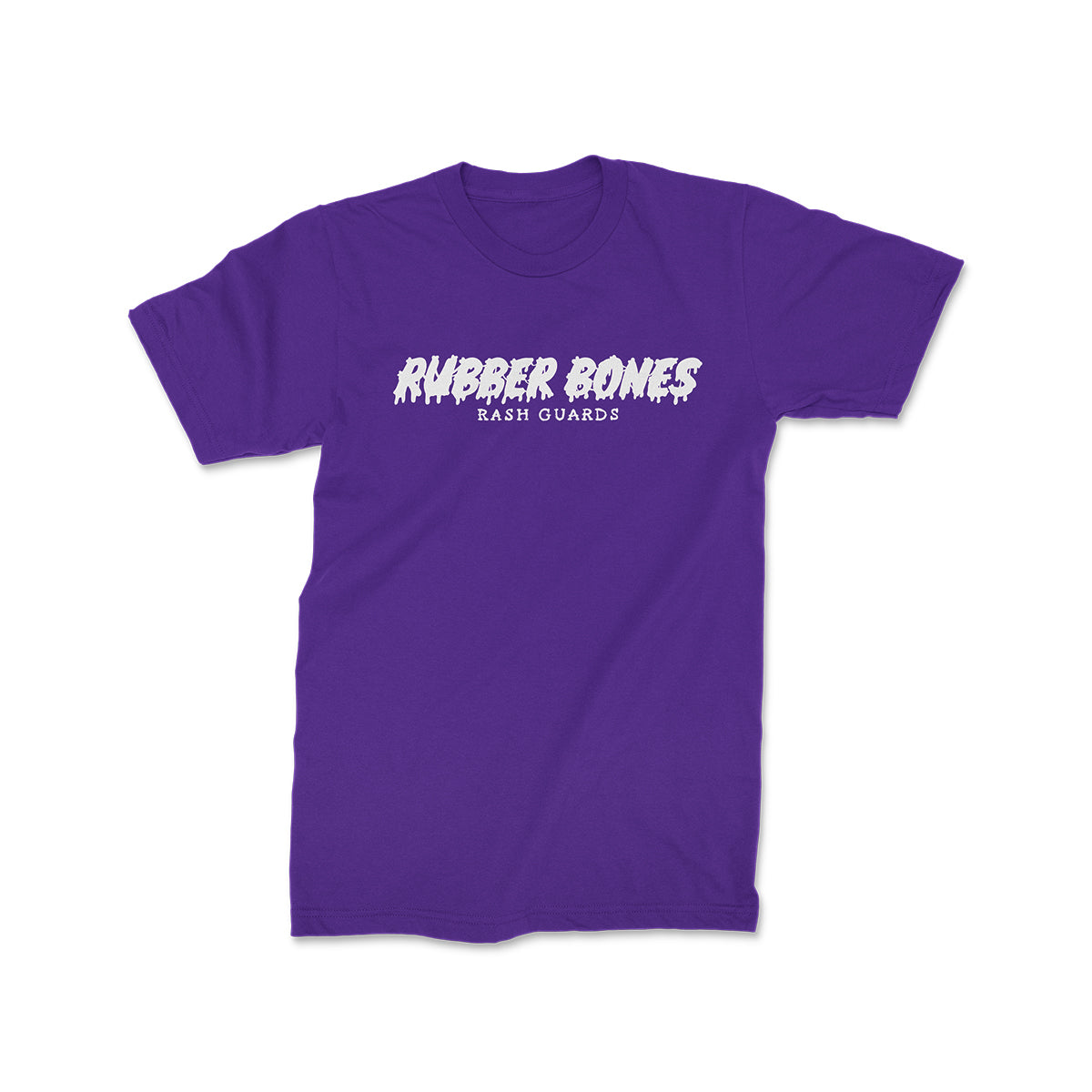 Purple T-shirt featuring 'Rubber Bones Rash Guards' in bold, white, dripping text across the chest. The design has a clean and striking look, perfect for those who embrace individuality and creativity in their gear.