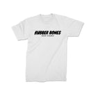 A white t-shirt with a black "Rubber Bones Rash Guards" logo across the chest, styled in a bold, dripping font.