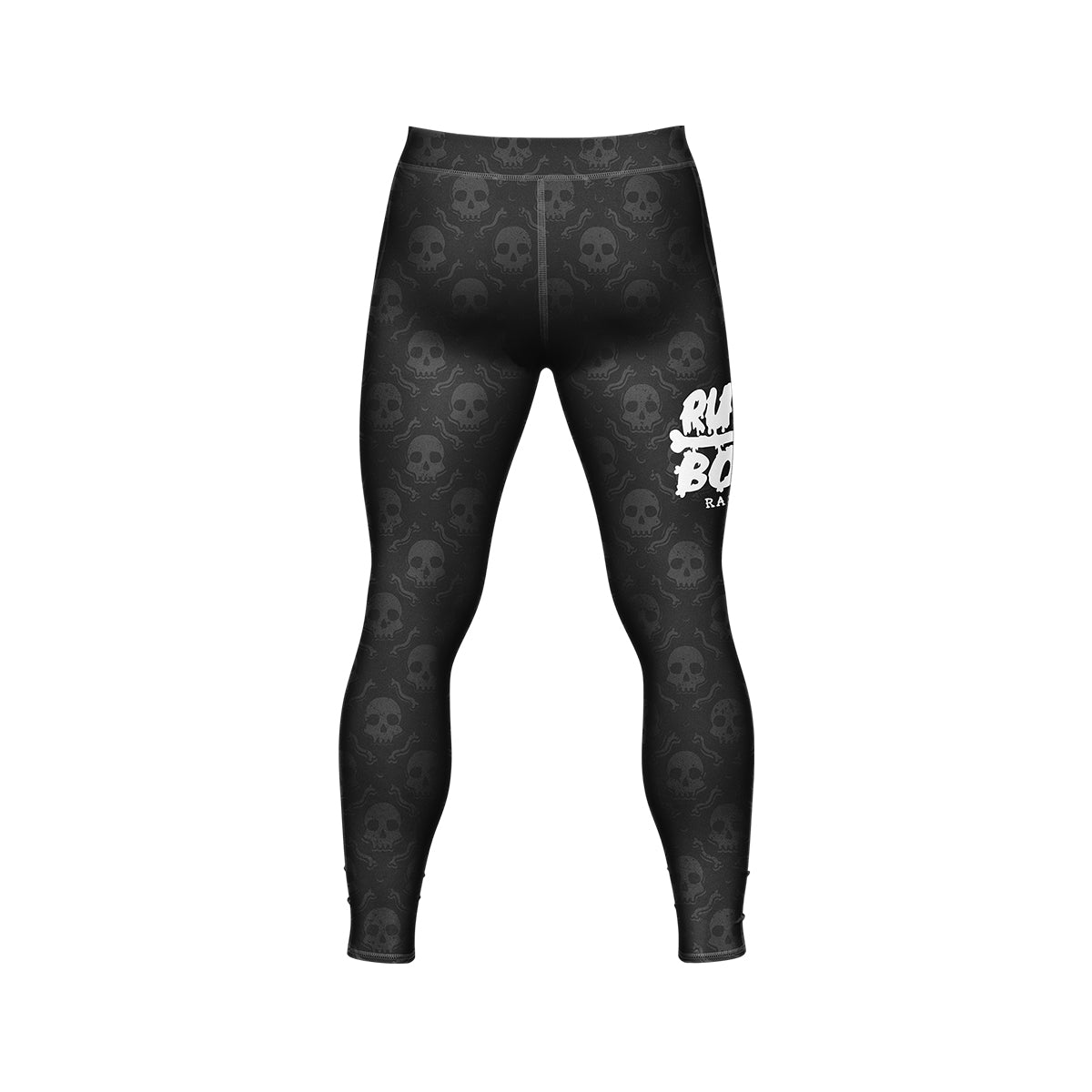 Back view of the Rubber Bones Skulls men's BJJ spats – Black compression leggings featuring an all-over skull pattern and a white Rubber Bones logo on the back of the leg.