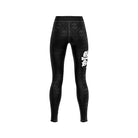 Back view of the Rubber Bones Skulls women's BJJ spats – Black compression leggings featuring an all-over skull pattern and a white Rubber Bones logo on the back of the leg.