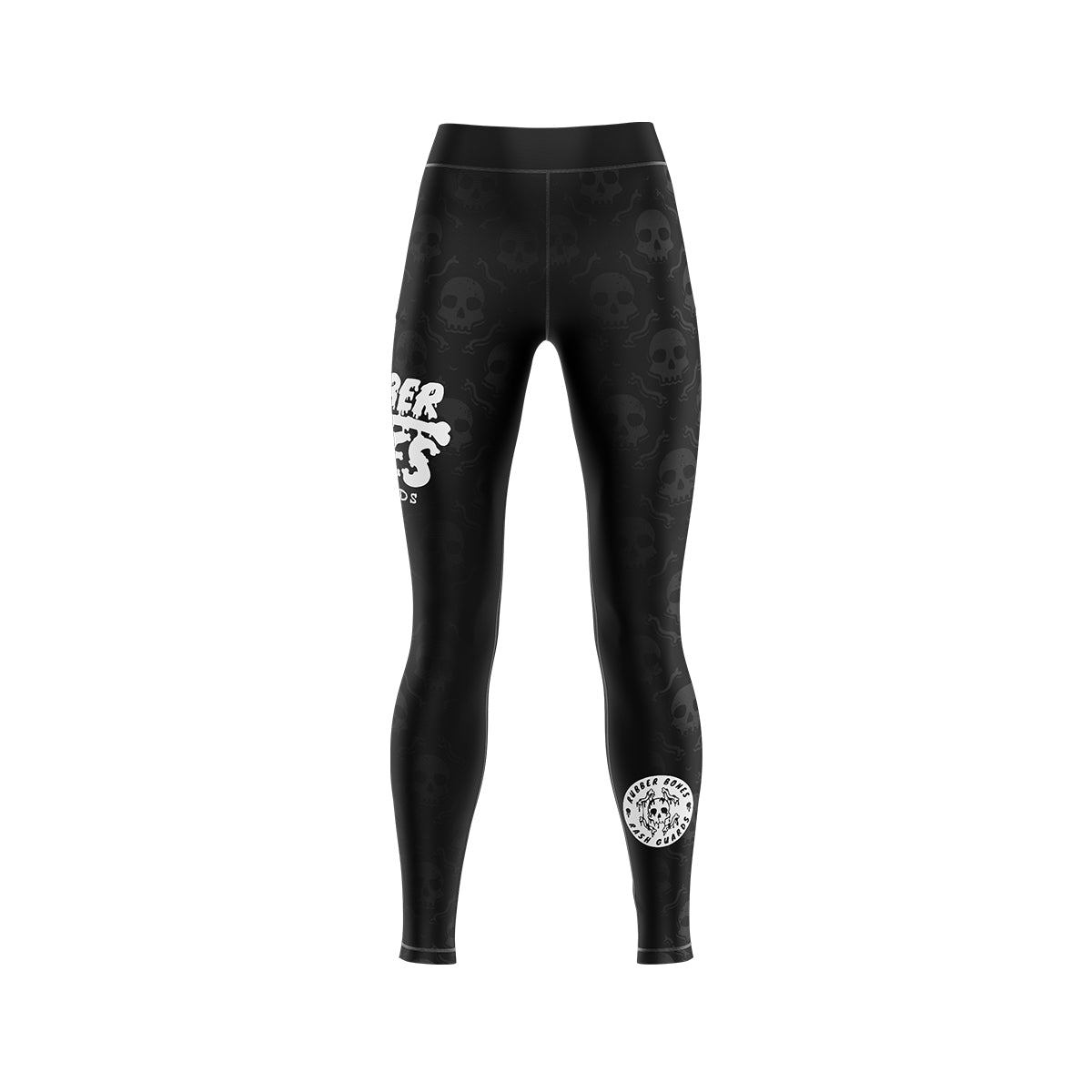 Front view of the Rubber Bones Skulls women's BJJ spats – Black compression leggings with an all-over skull pattern, Rubber Bones branding, and a circular emblem near the ankle.