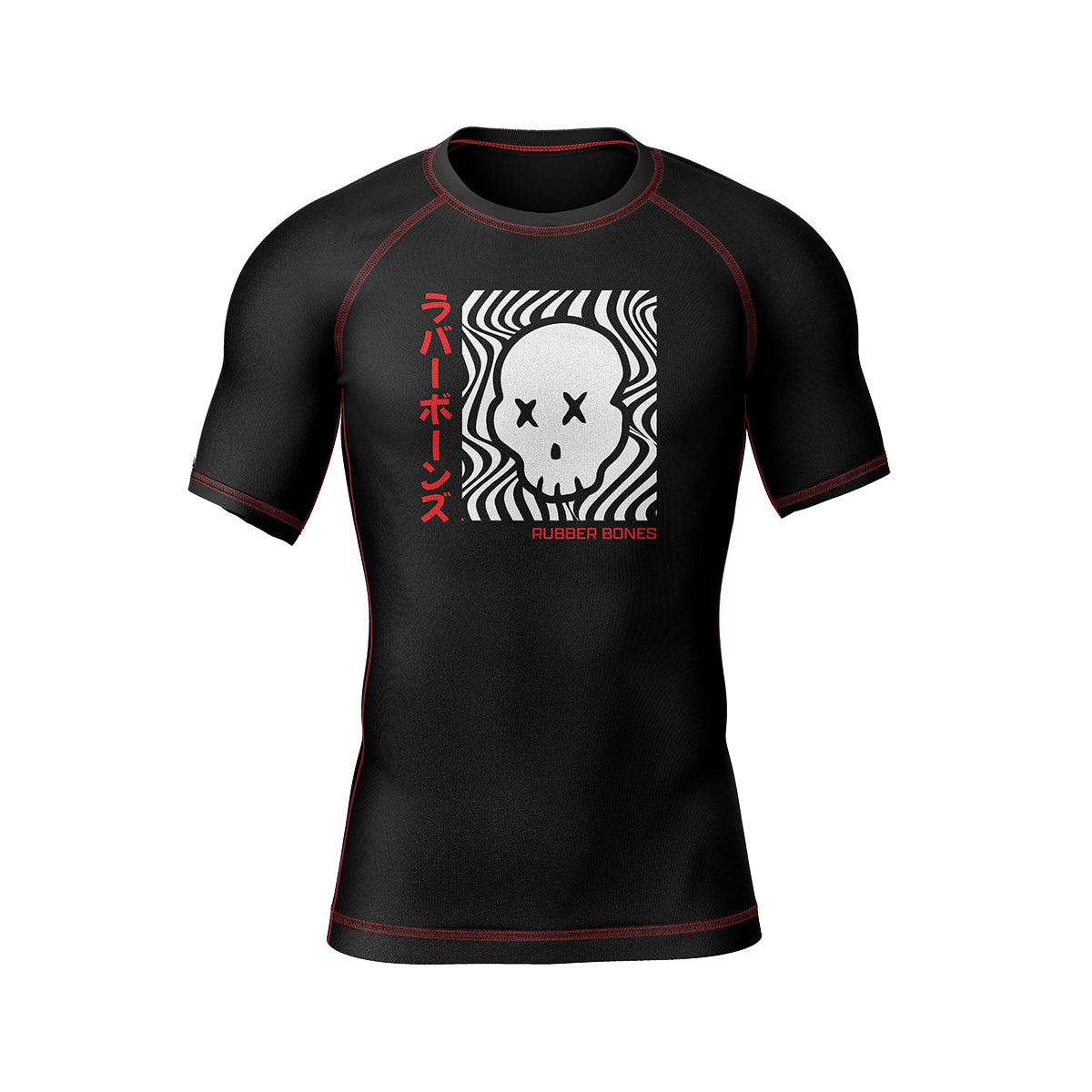 Black short-sleeve BJJ rash guard with red stitching and a bold front design. A stylized white skull with X eyes is set against a hypnotic black-and-white wave pattern, with Japanese katakana text reading 'Rubber Bones' in red for a striking contrast.