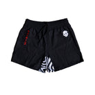 Black Rubber Bones BJJ shorts with subtle but bold detailing. The left leg features vertical Japanese katakana text in red, while the right leg has a small skull emblem. A sleek design with a touch of streetwear influence.