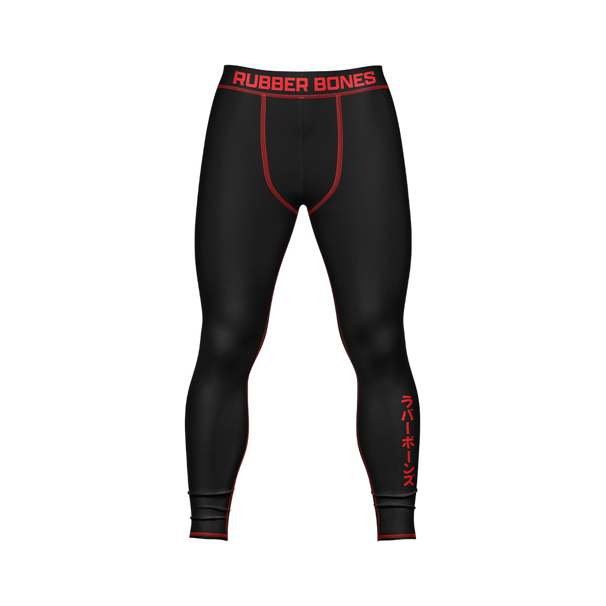 A pair of black compression spats with red contrast stitching and an elastic waistband featuring the "Rubber Bones" logo in bold red lettering. The right shin is printed with Japanese katakana characters in red, adding a sleek martial arts aesthetic to the design.