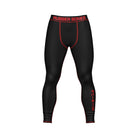 A pair of black compression spats with red contrast stitching and an elastic waistband featuring the "Rubber Bones" logo in bold red lettering. The right shin is printed with Japanese katakana characters in red, adding a sleek martial arts aesthetic to the design.