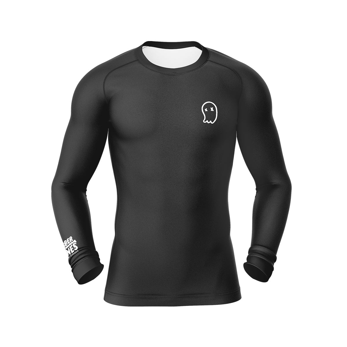 Black long-sleeve BJJ rash guard with a minimalist design, featuring a small white ghost logo on the left chest and a subtle "Rubber Bones" logo on the left sleeve.