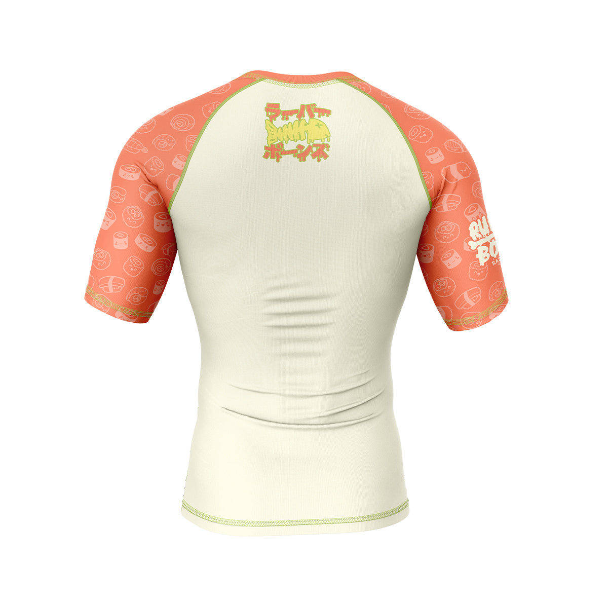 Cream-colored BJJ rash guard with orange sleeves covered in sushi icons. A small fish skeleton and Japanese text design are positioned at the upper back.