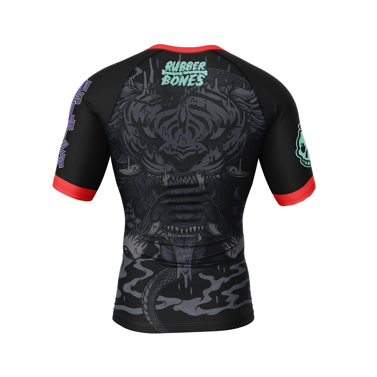 Back of the Tora Oni BJJ Rash Guard, showcasing a dark, ghostly tiger-oni face with fangs and a coiled serpent. Subtle tonal artwork blends into the background, with Rubber Bones logo at the top. Red sleeve accents complete the look.