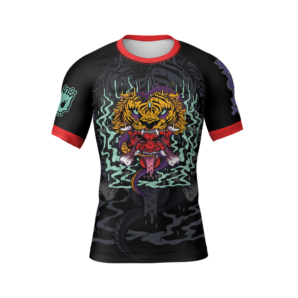 Black Tora Oni BJJ Rash Guard featuring a bold tiger-headed Hannya mask, surrounded by eerie mist and a coiled serpent. Red sleeve cuffs and Japanese katakana text add striking detail. Designed for No-Gi Jiu-Jitsu and MMA.