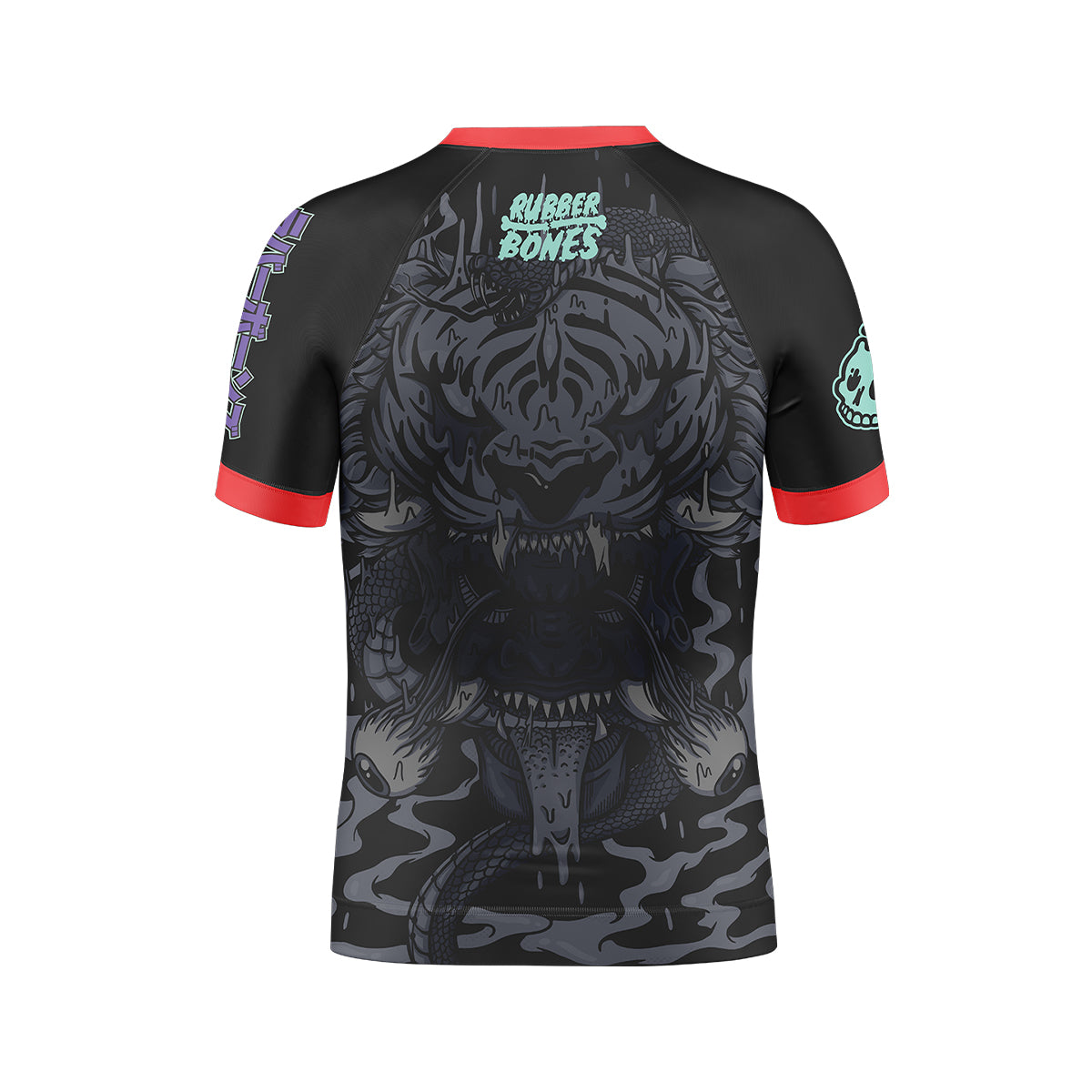 Back of the Tora Oni Kids BJJ Rash Guard, showcasing a dark, ghostly tiger-oni face with fangs and a coiled serpent. Subtle tonal artwork blends into the background, with Rubber Bones logo at the top. Red sleeve accents complete the look.