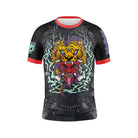 Black Tora Oni Kids BJJ Rash Guard featuring a bold tiger-headed Hannya mask, surrounded by eerie mist and a coiled serpent. Red sleeve cuffs and Japanese katakana text add striking detail. Designed for No-Gi Jiu-Jitsu and MMA.