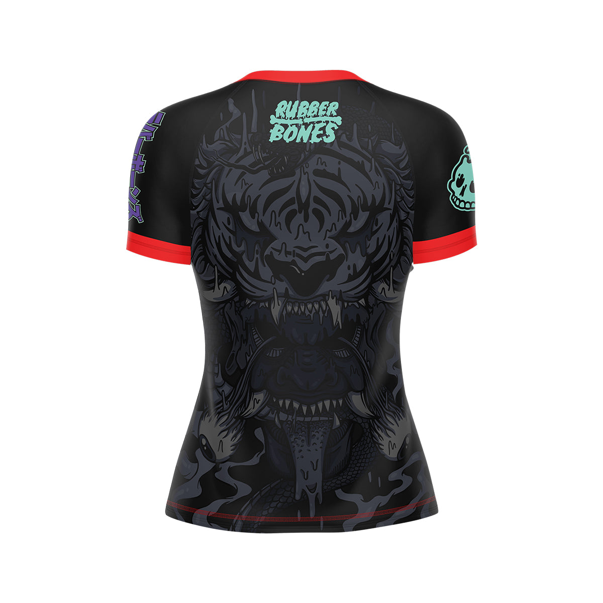 Back of the Tora Oni Women's BJJ Rash Guard, showcasing a dark, ghostly tiger-oni face with fangs and a coiled serpent. Subtle tonal artwork blends into the background, with Rubber Bones logo at the top. Red sleeve accents complete the look