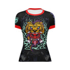 Black Tora Oni BJJ Women's Rash Guard featuring a bold tiger-headed Hannya mask, surrounded by eerie mist and a coiled serpent. Red sleeve cuffs and Japanese katakana text add striking detail. Designed for No-Gi Jiu-Jitsu and MMA.