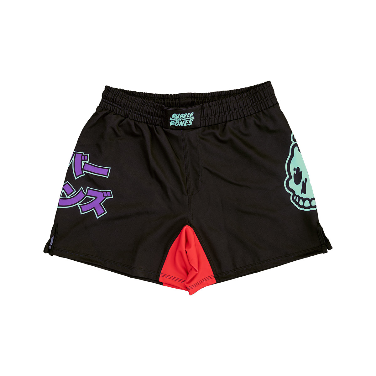 Black Tora Oni No-Gi BJJ Shorts with bold purple katakana text, a neon green skull emblem, and a striking red gusset. Designed for Jiu-Jitsu, No-Gi, and MMA training.