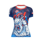 Women's Rubber Bones Yeti Games short sleeve rash guard front view with skeleton skier choking Yeti, USA colors and Rubber Bones branding.