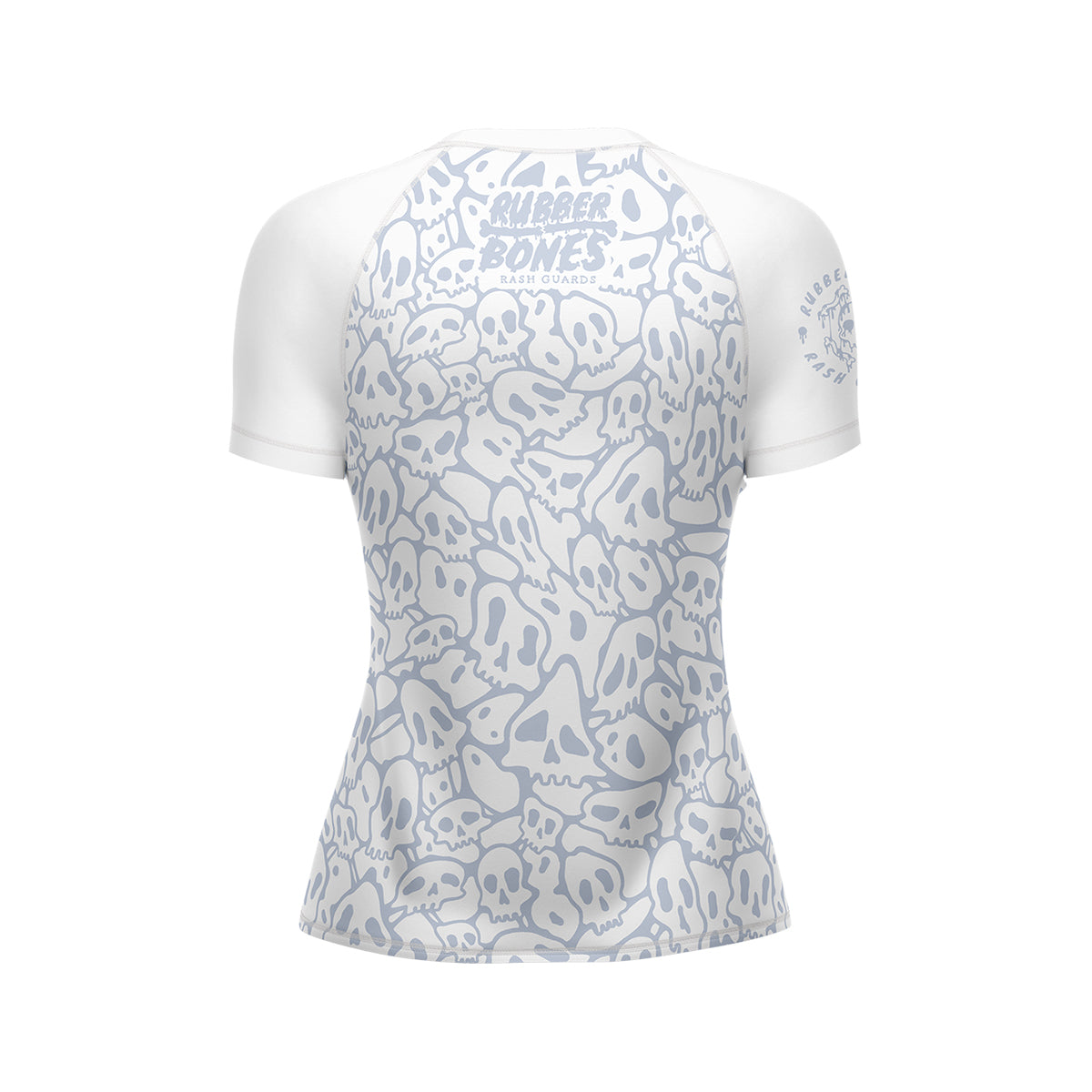 Mock-up of Women's White Ranked Rash Guard showcasing the back design with bold skull web pattern.