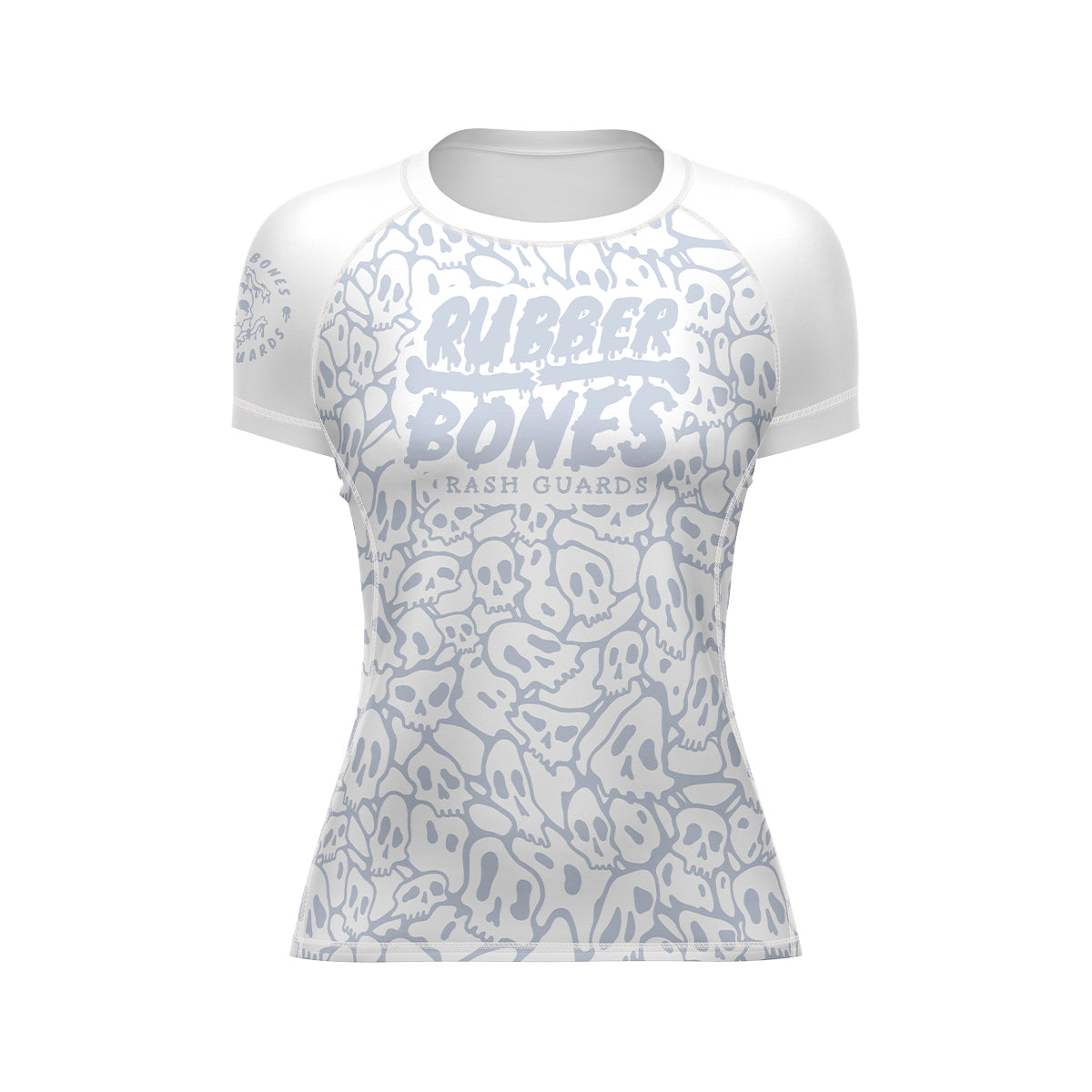 Mock-up of Women's White Ranked Rash Guard featuring sleek white design with skull web pattern.