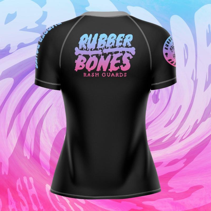 Mock-up of Women's Cotton Candy Rash Guard displaying the back design with vibrant pastel colors.